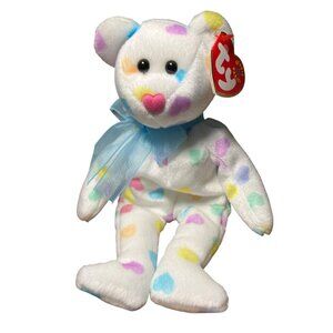 Ty Beanie Babies Collection Kissme Bear 2001 White Plush W/ Colorful Hearts